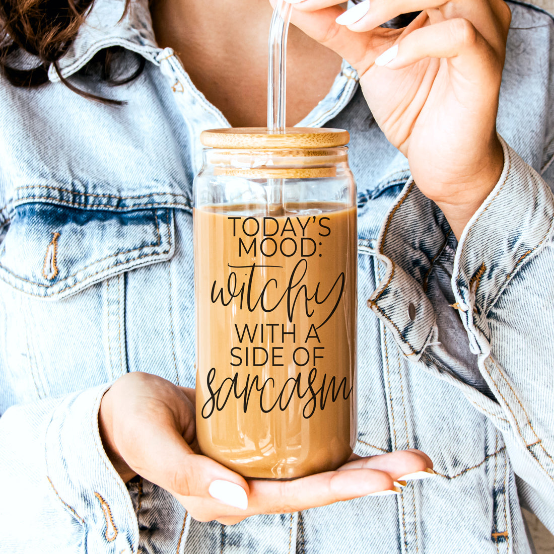 Gobelet en verre de 20 oz Citation de café Hocus Pocus avec couvercle en bambou, pailles et nettoyeur