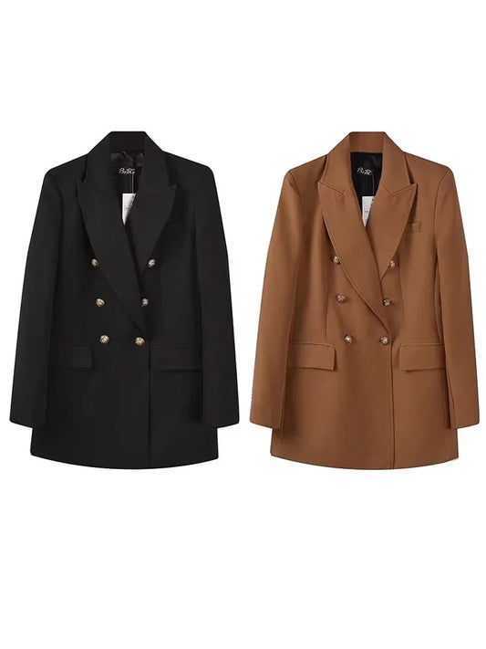 Women's Double Breasted Blazer - Vintage Long Sleeve Outerwear with Pockets