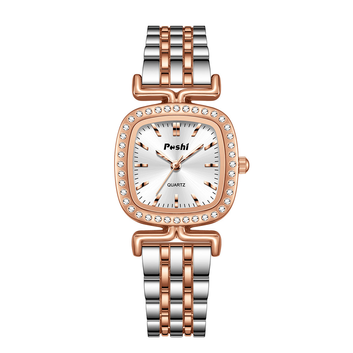 Diamond-encrusted Dial Oval-shaped Steel Bracelet Quartz Womens Watch