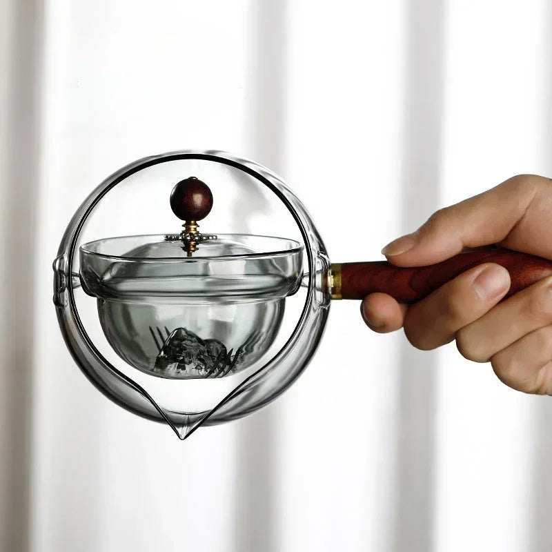 Rotary Glass Teapot with Infuser and Wooden Handle