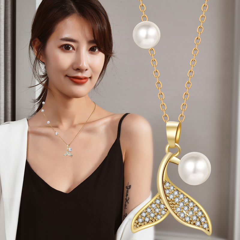 Dainty Mermaid Tail Pearl Necklace For Women, Shell Inlay Adjustable Collarbone Chain, Elegant Long Sweater Chain Ocean Fashion Jewelry