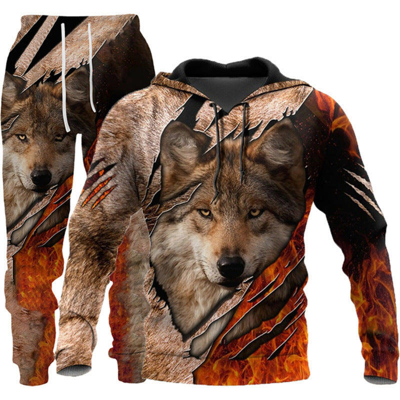 Animal-print Hooded Pullover Sweatshirt And Menswomens Sportswear Set