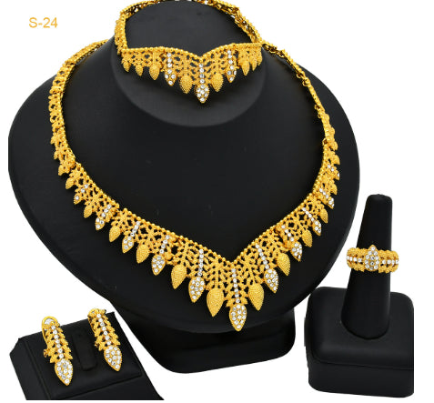 Gold Jewelry Suit Arabic Bridal Wedding Necklace Bracelet Earrings Ring