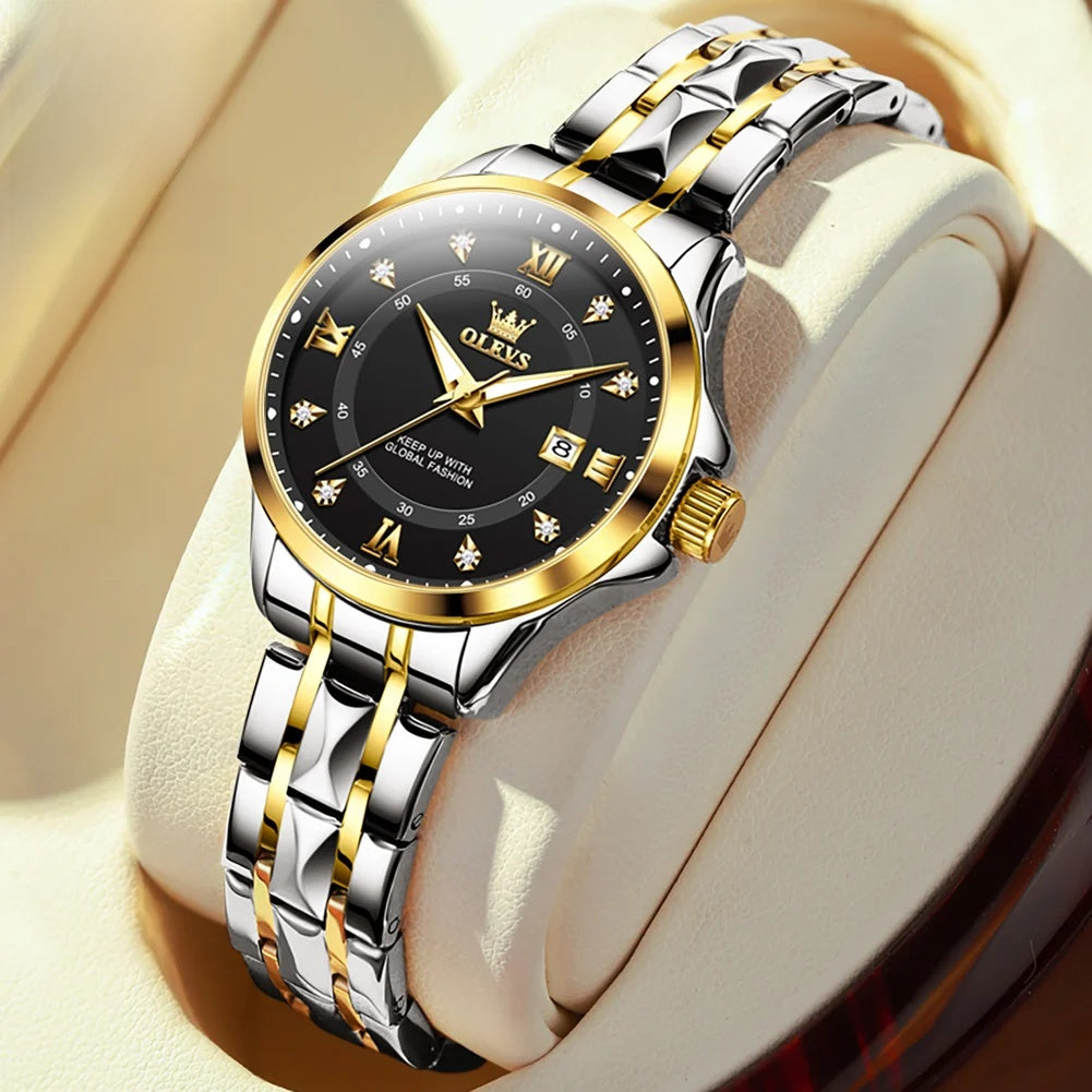 Montre femme étanche en acier inoxydable doré, fine et lumineuse