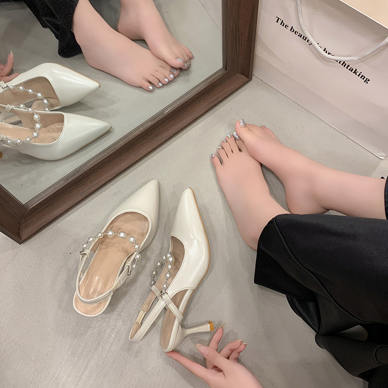 Women French Style Pearl Closed Toe Sandals, 2026 Summer New Pointed Toe Stiletto Backless High Heels, Fairy Style Single Shoes