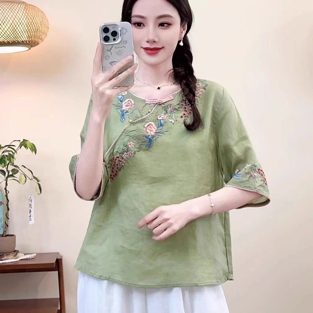 Women's Embroidered Button Cotton-Linen Short-Sleeve ShirtThree-Quarter Sleeve Top