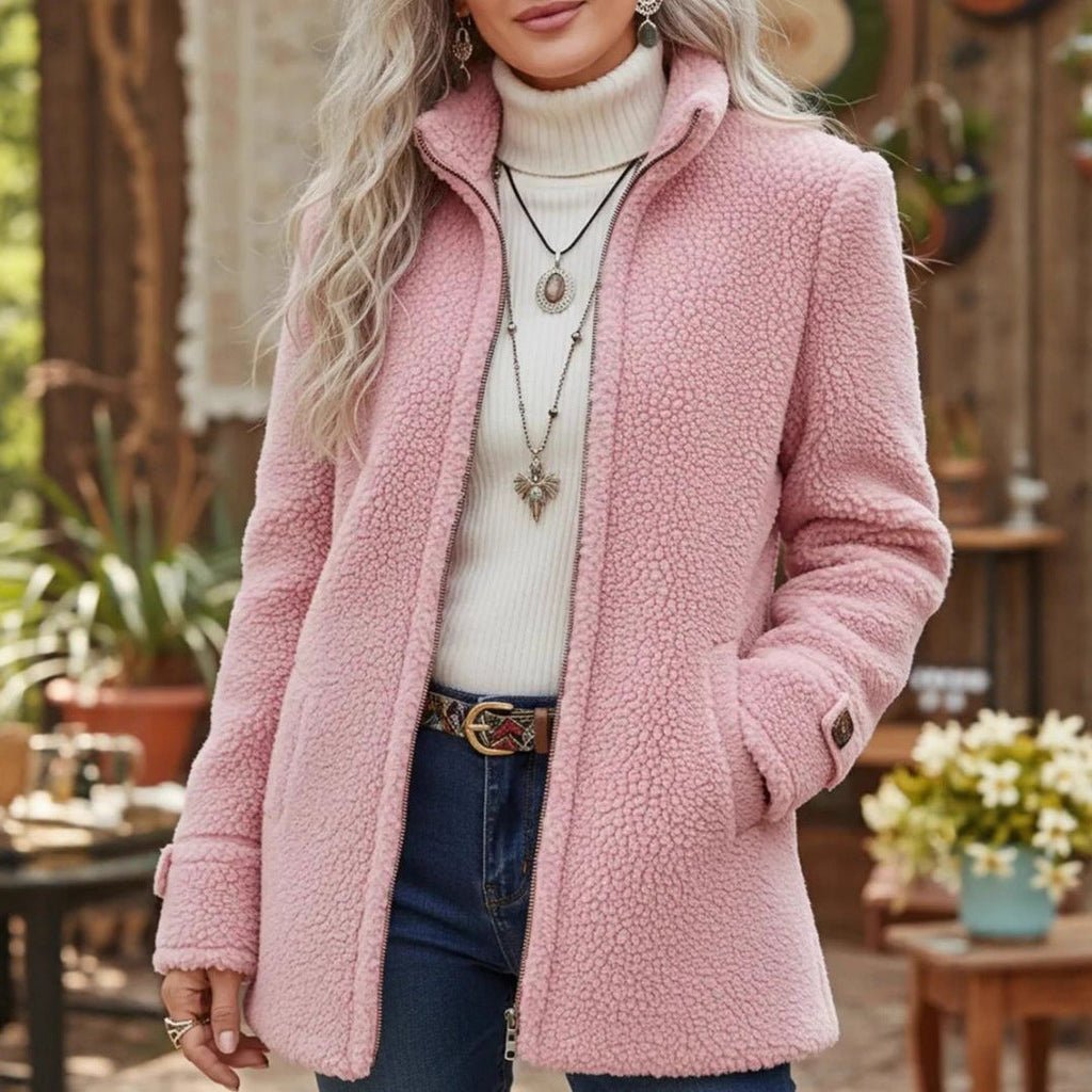 Fleece Zip-Up Jacket Women's Stand Collar Solid Color Loose Fit Casual Long Sleeve Outerwear Clothing