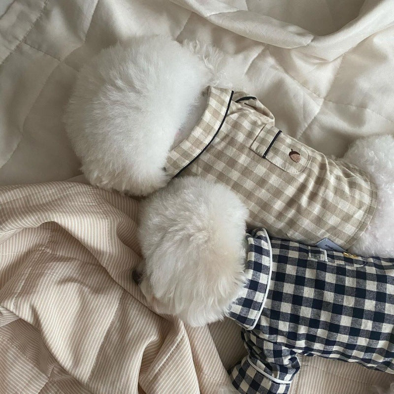 Korea Plaid Khaki Blue Pocket Pajamas For Dogs