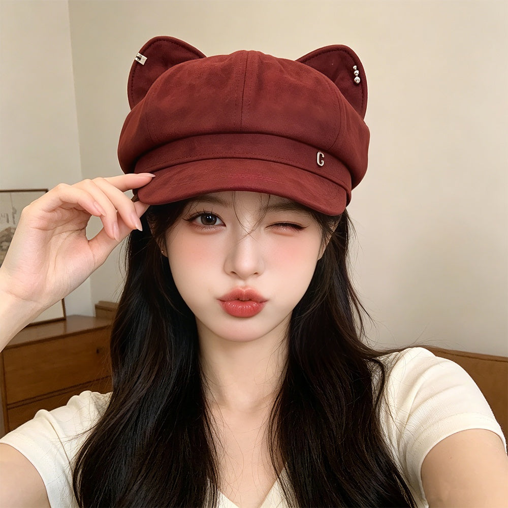 Autumn Winter Cute Cat Ears Octagonal Beret With Solid Color Vintage Style Pin Head Newsboy Hat - A Casual Outfit-Wear Hat With Unique Personality