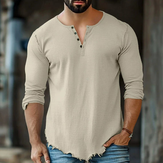 Fashionable Mens Casual Solid-Color Four-Button Long-Sleeve T-Shirt