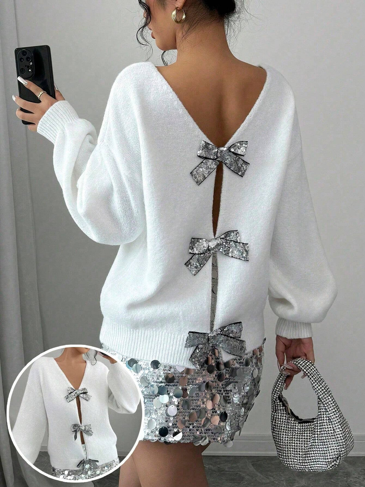 Fashionable Loose Knitted Sweater With Sequin Bow Accent