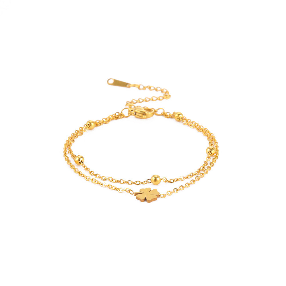 Stainless Steel Cut Clover Charm Double-layer Ankle Bracelet For Women