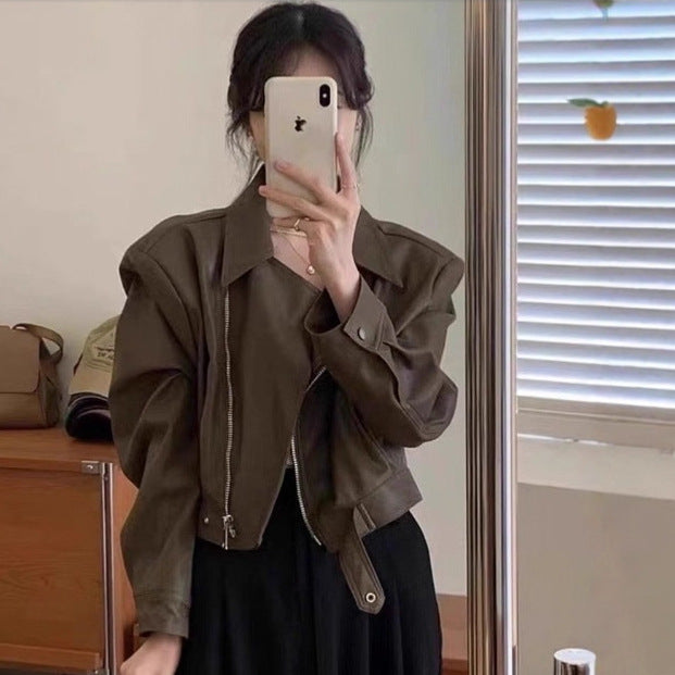 Women's Retro Long-sleeved Leather Coat Jacket