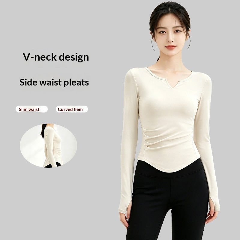 Small V-neck Pleated-waist Long-sleeve Womens Top