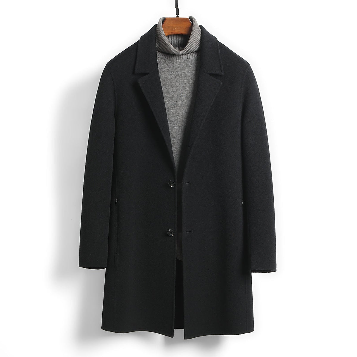 Male Solid Color Worsted Wool Mid-length Slim-fit Coat