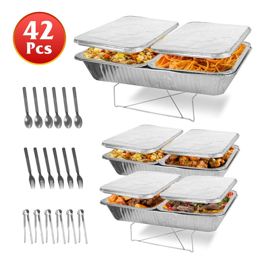 42tlg. Einweg-Chafing-Dish-Buffet-Set, Chafing Server mit Deckeln, Löffeln, Gabeln, Zangen, GN-Behältern, Speisewärmern für Partys, Events, Catering-Bedarf
