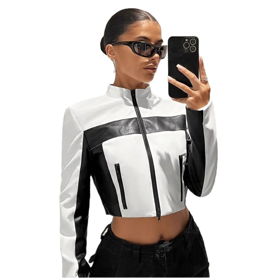 Black And White Contrast Color Leather Coat Women's Zipper Short Slim Jacket