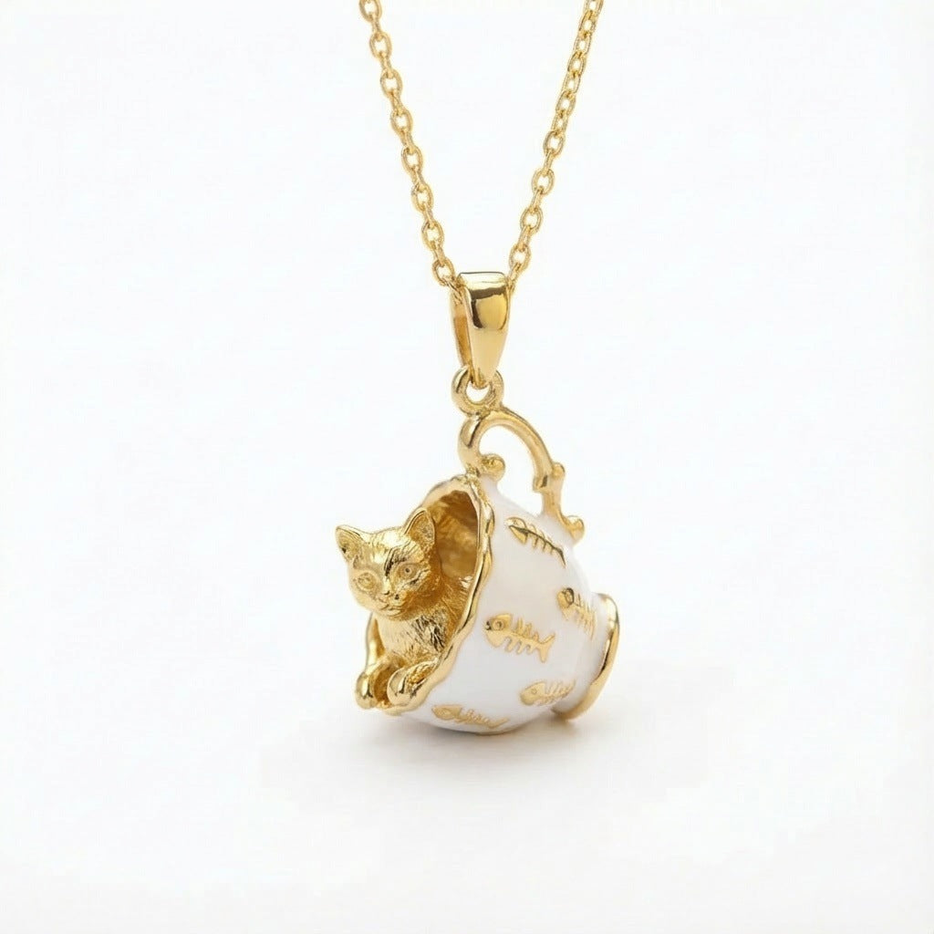 Golden Pendant Necklace In The Shape Of A Teacup Rabbit