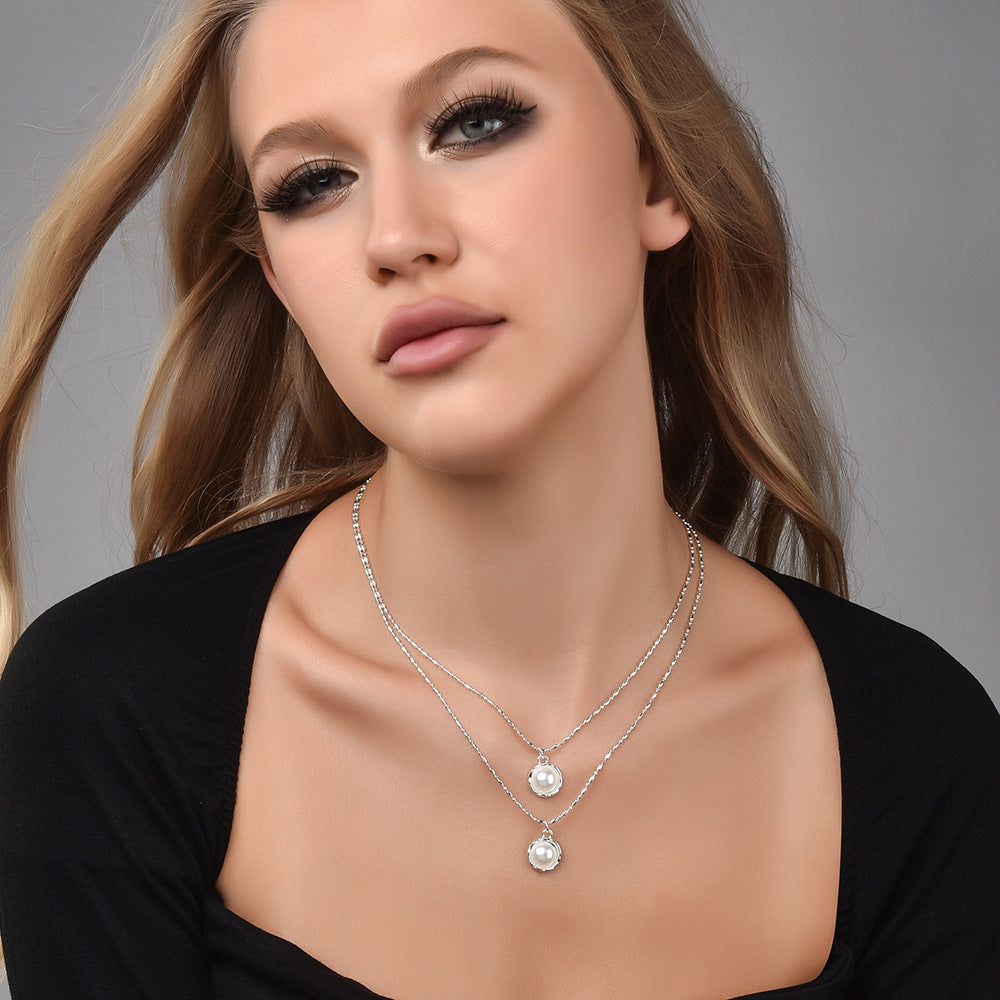Double Layer Dainty Pearl Choker Necklace, Two-Tier Irregular Collarbone Chain, Minimal French Jewelry For European Spanish Women