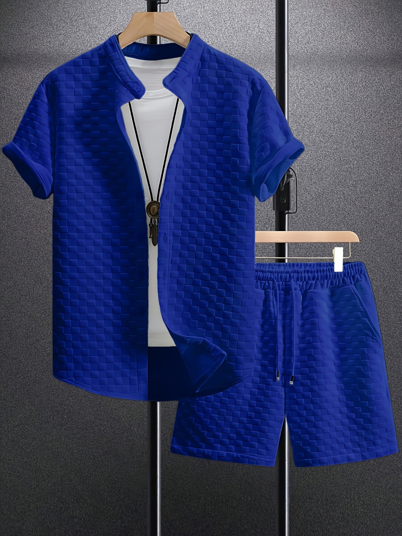 Men's Jacquard Casual Short Sleeve Shirt Outfit