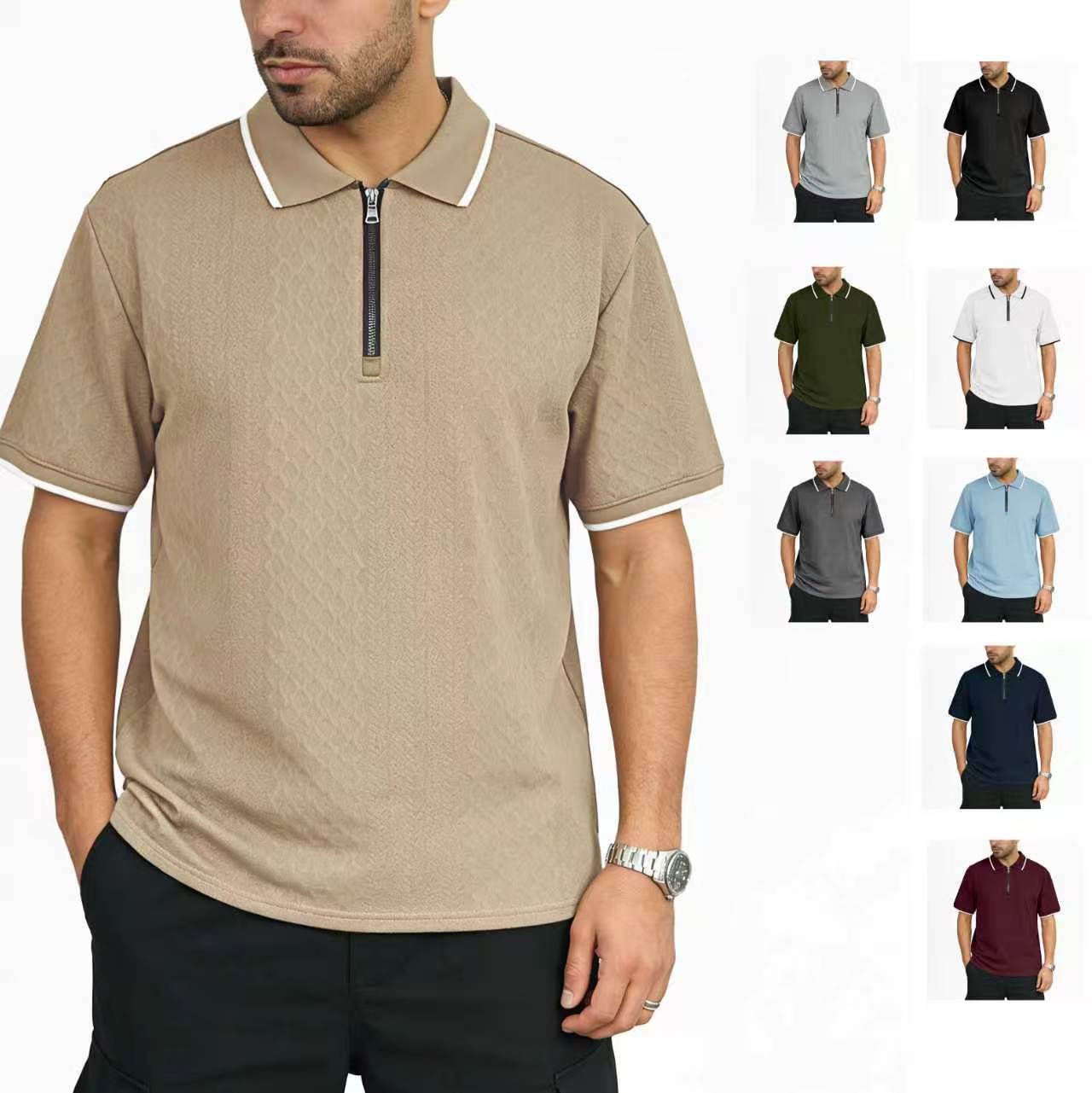 Mens Jacquard Loose-Fit Short-Sleeve Zip-Up Polo Shirt