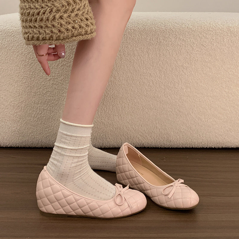 2026 Summer New Arrival Women's French Style Quilted Low Vamp Flats Hidden Heel Mary Janes Bow Soft Sole Commuter Shoe