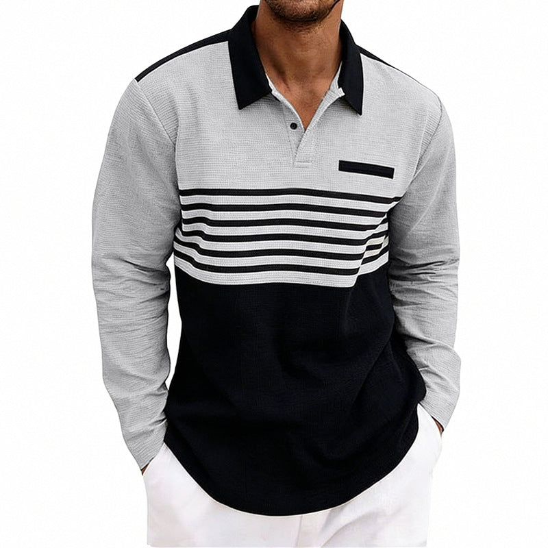 Men's Waffle-Weave Loose-Fit Casual Color-Block Striped Long-Sleeve