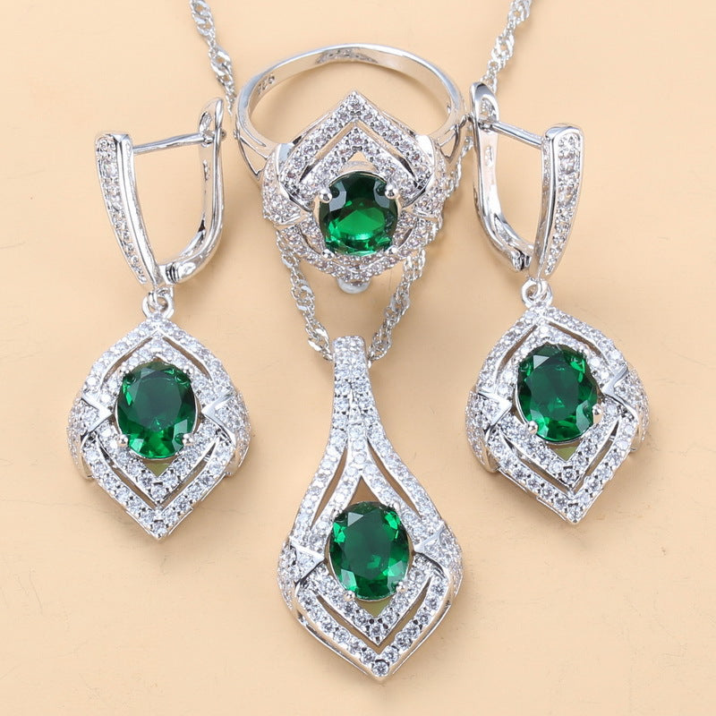 Gem-inlaid Pendant Earrings Necklace Ring Ladies Three-piece Set