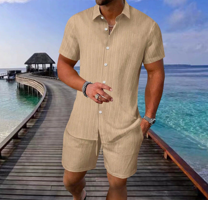 Seaside Casual Trendy Shirt With A Turn-down Collar And Short Sleeves Set