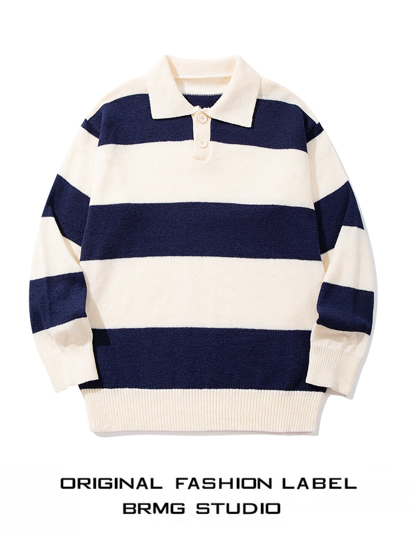 Mens Striped Knit Sweater With A Contrasting Color Collar