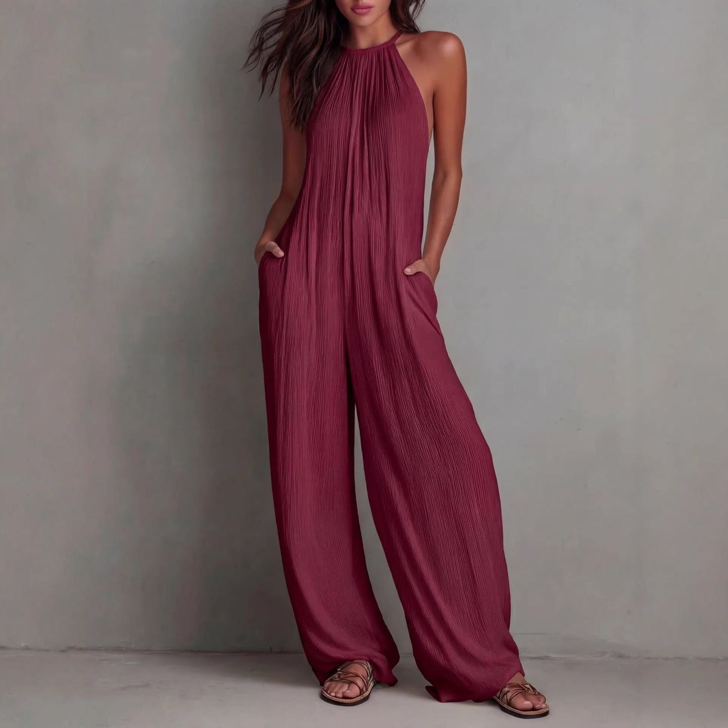 Women's Sleeveless Open-Back Wide-Leg Pleated Jumpsuit