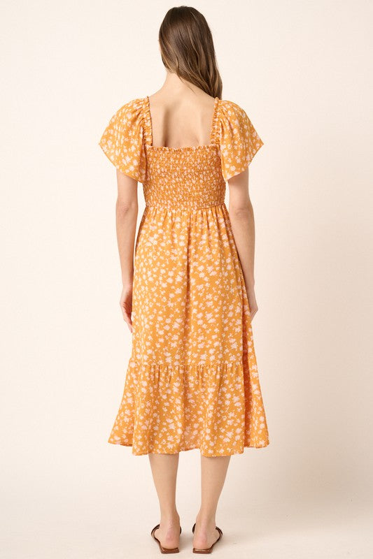 New Summer Flower Print Flutter Sleeve Smocked Midi Dress For Women – Fluttering, Trendy, Romantic and Feminine Style