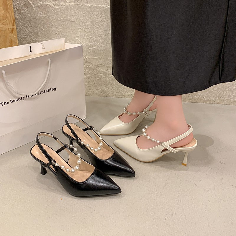 Women French Style Pearl Closed Toe Sandals, 2026 Summer New Pointed Toe Stiletto Backless High Heels, Fairy Style Single Shoes