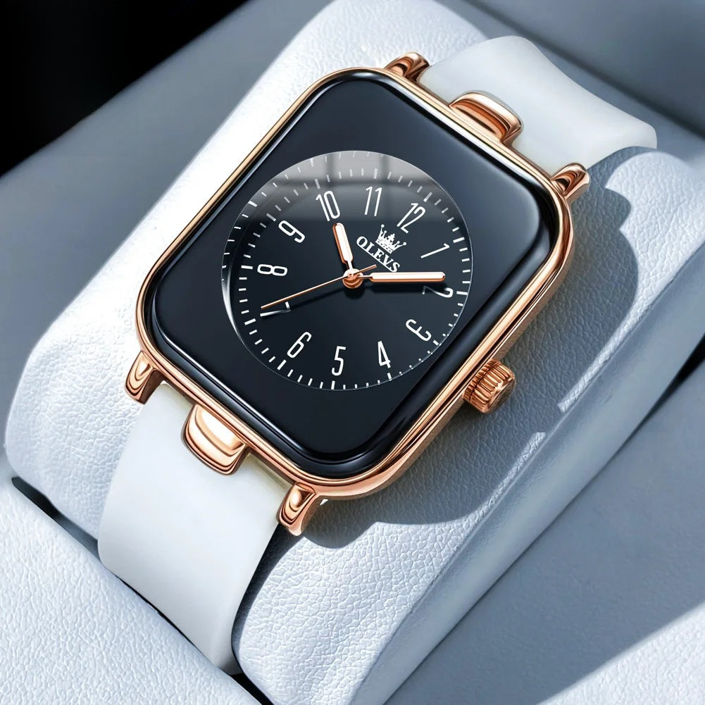 Damen Quarz-Armbanduhr, rechteckig, goldfarben, Silikonarmband