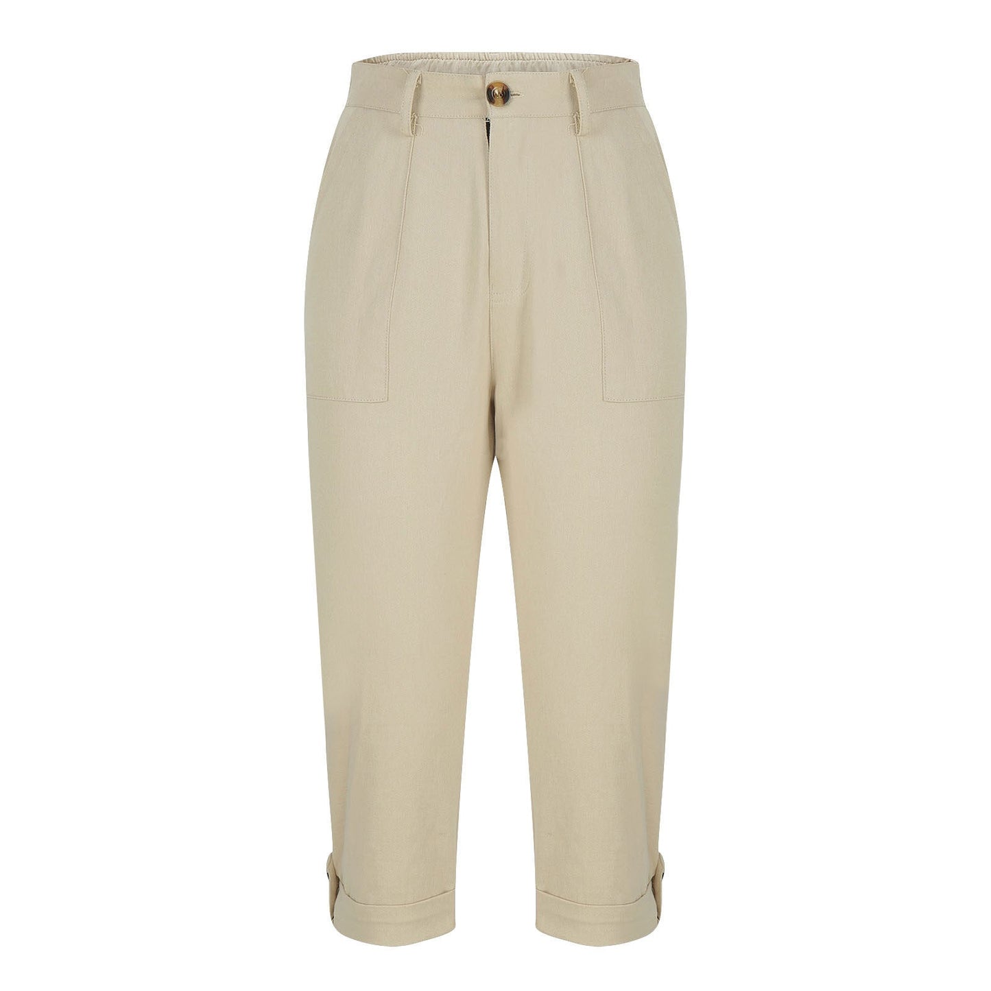 Womens Solid-color Buttoned Roll-up Capri Pants