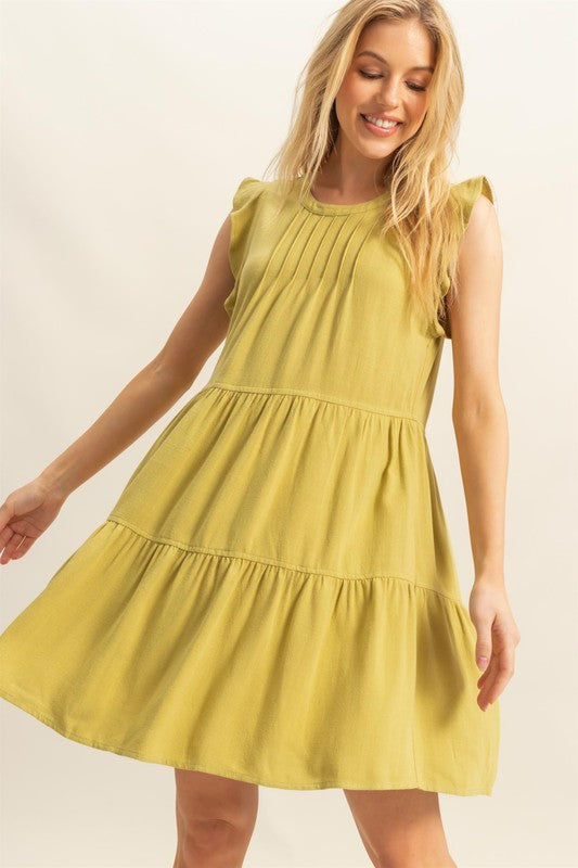 Round Neck Ruffle Sleeve Tiered Dress For Women – Feminine and Playful Tiered Dress with Ruffle Sleeves for Casual or Dressy Occasions