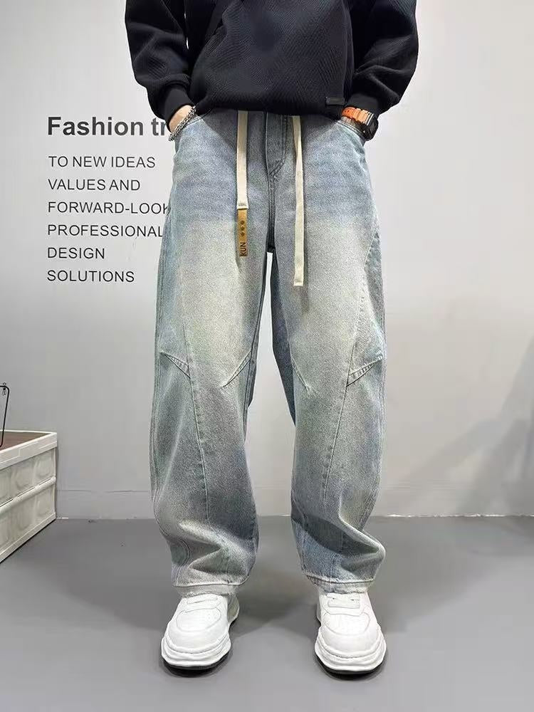 Patchwork Vintage Washed Loose Straight-leg Pants American-style Edgy And Cool Sabre-cut Trousers
