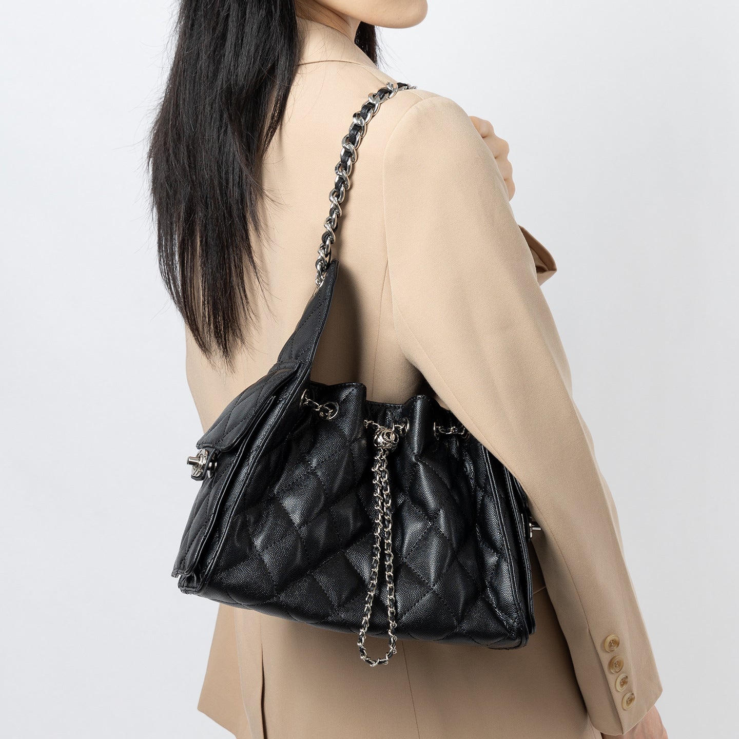 Caviar-patterned Genuine Leather Hobo Shoulder Bag With A Diamond-quilted Design