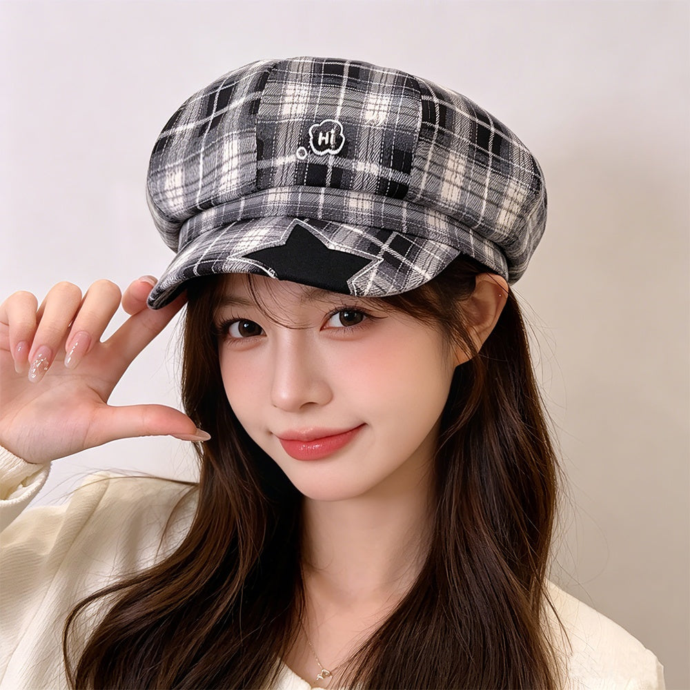 Star Patterned Octagonal Newsboy Cap With An Academic Style, Featuring A Literary Vibe And Versatile Compatibility. A Beanie Hat With A Soft Top And A Combination Of Small Letters In Different Colors