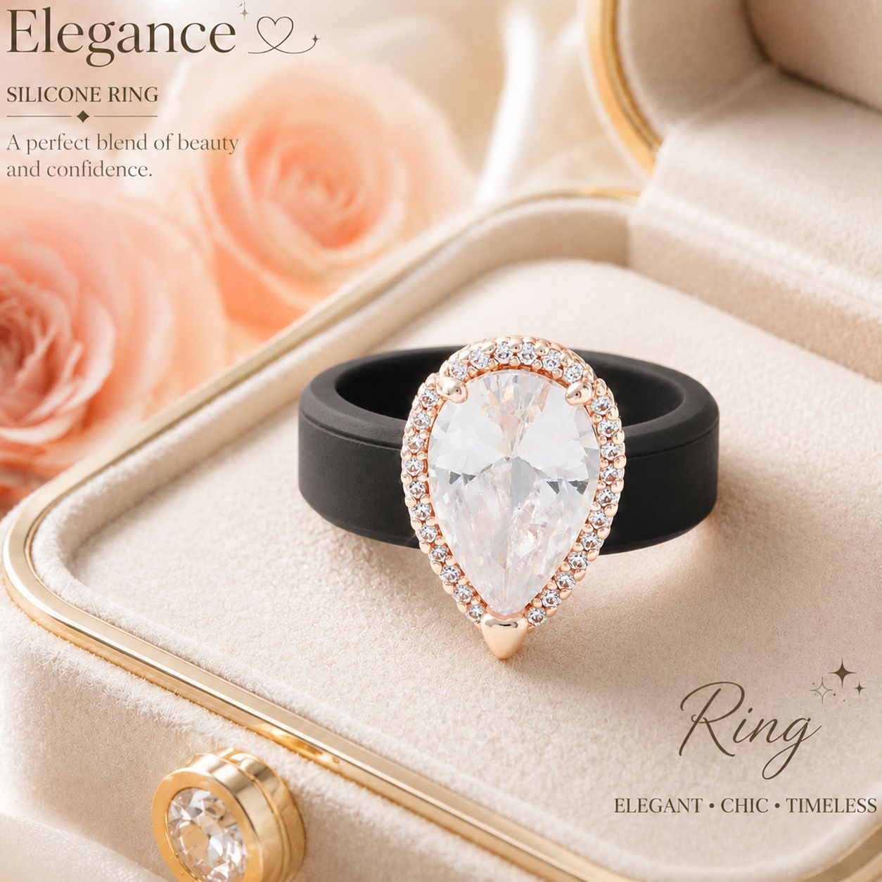 Silicone-inlaid Water-drop-shaped Zircon Ring