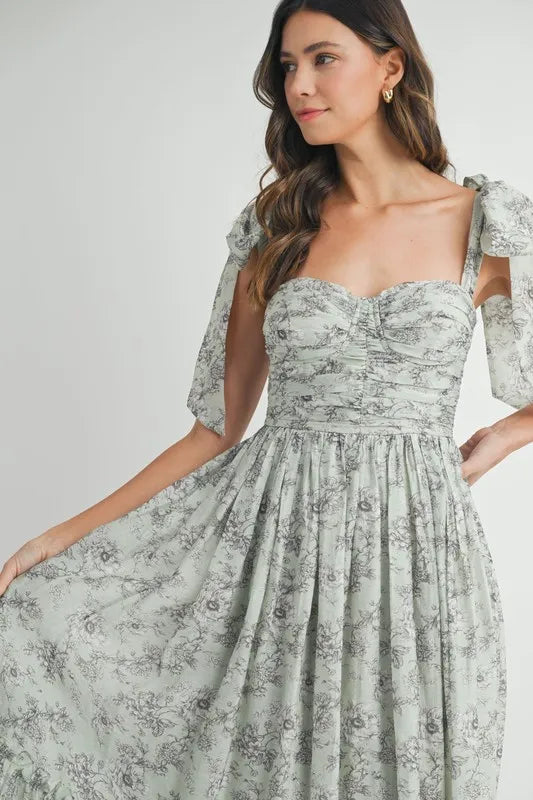 Floral Bust Ruched Midi Dress with Shoulder Tie For Women – Ruched Midi Dress For Summer, Floral Bust Dress, Shoulder Tie Dress, Feminine Midi Dress, Chic Event Dress