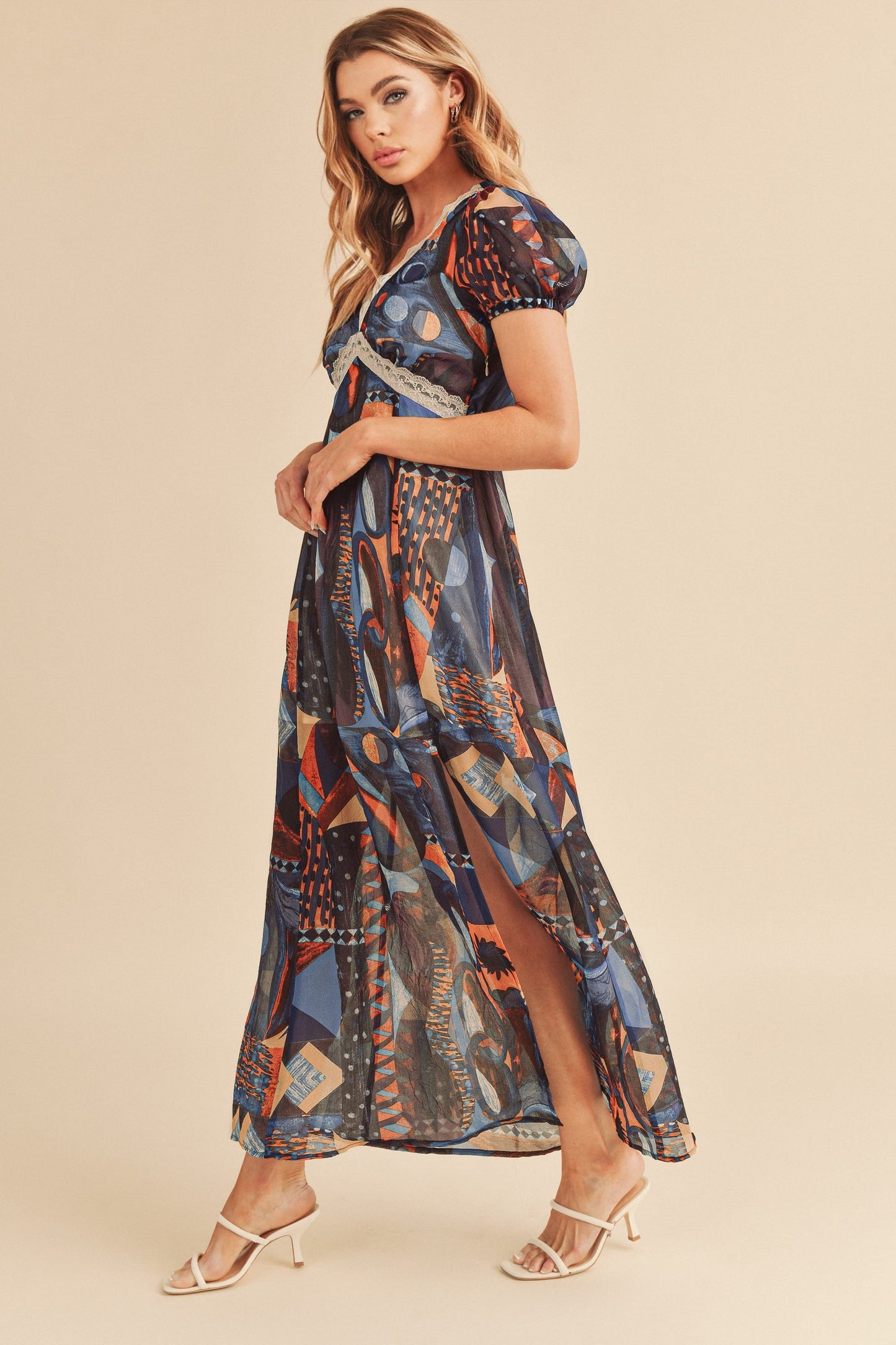 Lace Detail Slit Geometric Print Short Sleeve Comfortable Maxi Dress For Women, Elegant Lace, Alluring Slit, Sophisticated Geometric Print for Casual & Dressy Occasions