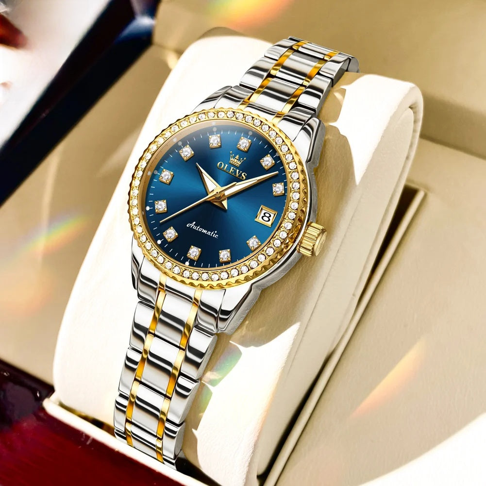Damen-Automatikuhr mit Diamantzifferblatt aus Edelstahl