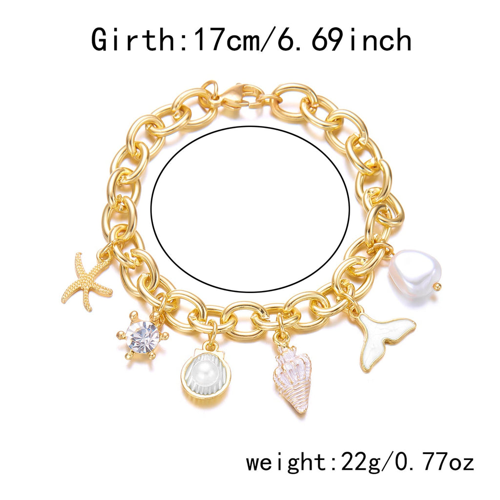 Women's Fashion Starfish Pearl Shell Fishtail Multi-pendant Necklace Bracelet