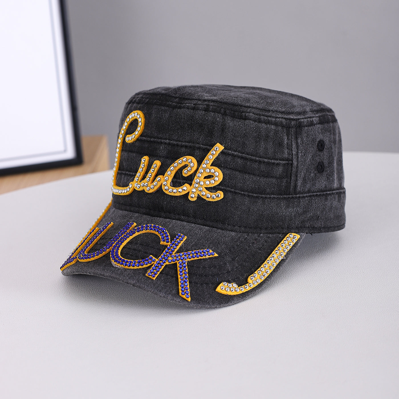 Summer Men's Solid-color Rhinestone-embroidered Letter  LUCK Water-washed Retro Sun-protective Street Fashion Hat For Gatherings, Street Dance, Casual Sports