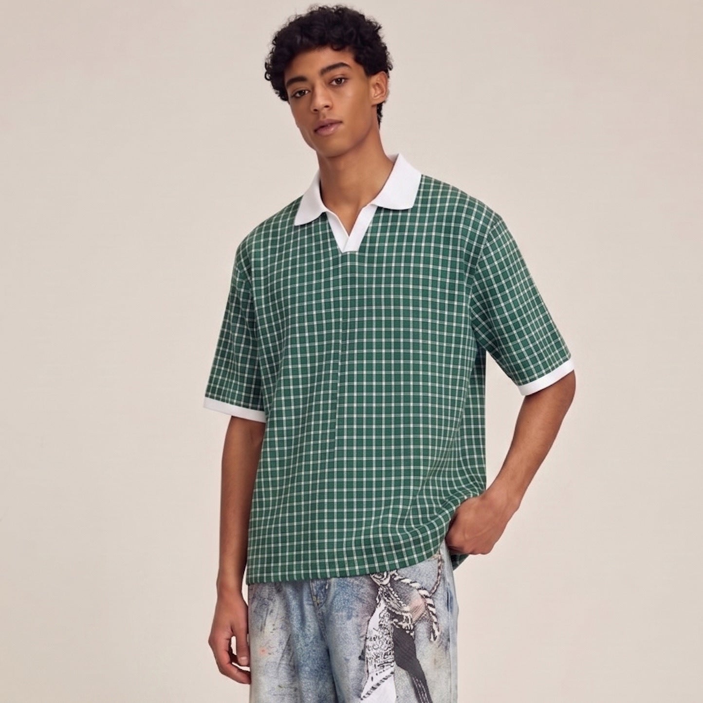 Mens Summer Thin Color-Block Plaid Lapel Short-Sleeve Shirt