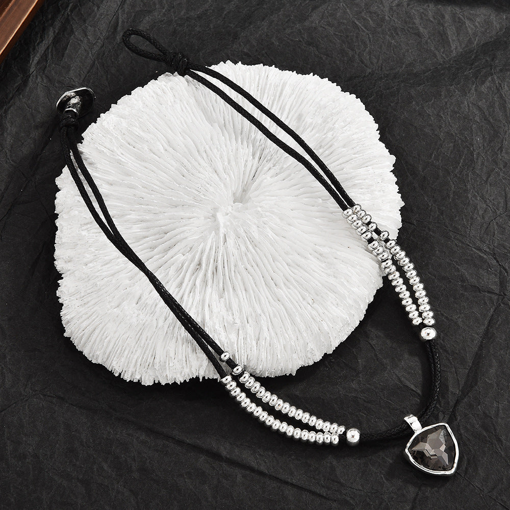 Two Layer Silver Bead Black Wax Cord Choker, Smoky Grey Heart Cubic Zirconia Punk Necklace, Y2K Cool Jewelry For European Spanish Women