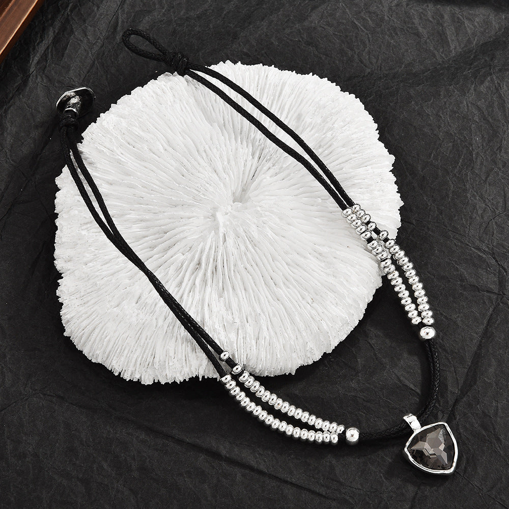 Two Layer Silver Bead Black Wax Cord Choker, Smoky Grey Heart Cubic Zirconia Punk Necklace, Y2K Cool Jewelry For European Spanish Women