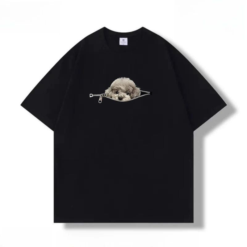 Plus-size Cotton Zip-up Dog-print Casual Summer Couple T-shirts
