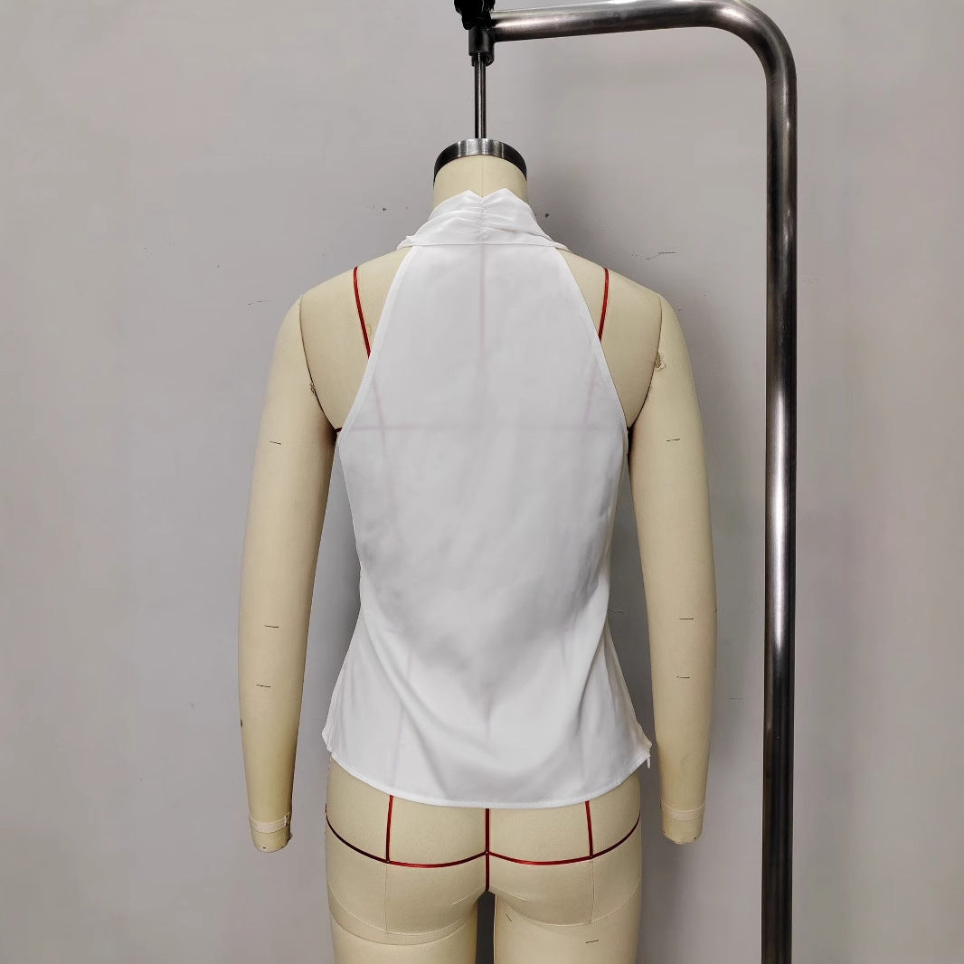 French-style Satin V-neck Slim-fit Sleeveless Blouse With Tie Detailing